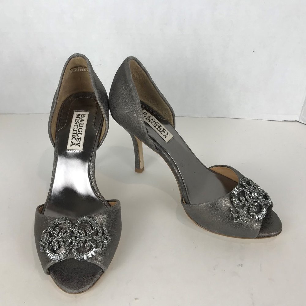 Badgley Mischka Silver, Leather, embellished open toe Heels Size 5.5